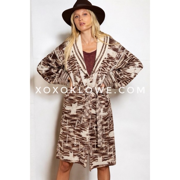 POL Beige + Brown Southwestern Patterned Mid Length Belted Cardigan - Picture 4 of 12